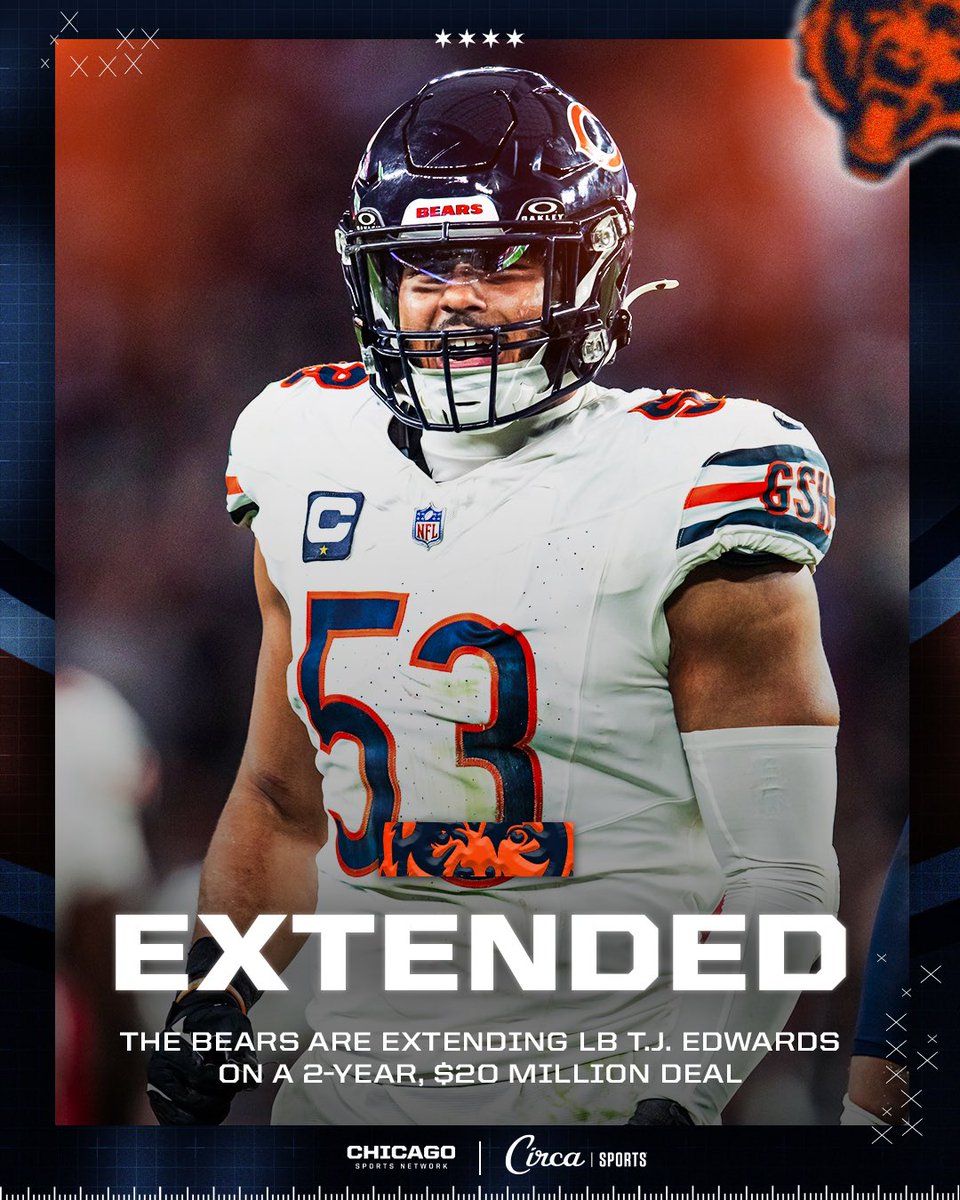Bears on CHSN (@chsn_bears) on Twitter photo 🚨 BREAKING: Bears have agreed to a 2-year/$20M extension with LB T.J. Edwards, <a href="/RapSheet/">Ian Rapoport</a> 🚨 BREAKING: Bears have agreed to a 2-year/$20M extension with LB T.J. Edwards, <a href="/RapSheet/">Ian Rapoport</a>