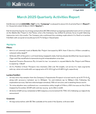 We are pleased to share our March 2025 Quarterly Activities Report.

The Company has shifted its primary focus to #gold following impressive rock chip results at our Marble Bar Project in WA.

Read the full Quarterly Report: tinyurl.com/2a4vws8t

#KM1