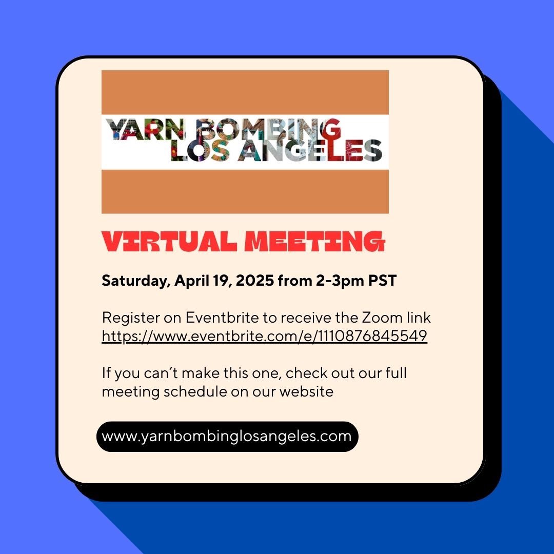 YarnBombingLA's tweet photo. Join Yarn Bombing Los Angeles
Saturday April 19, 2-3pm PST to catch up with our community.

Register on Eventbrite to receive the Zoom link 

https://t.co/EgjVnFSLxF

If you can’t make this one, check out our full meeting schedule on our website
https://t.co/BzGjWIpbZ8 https://t.co/5TeD2AaSCp