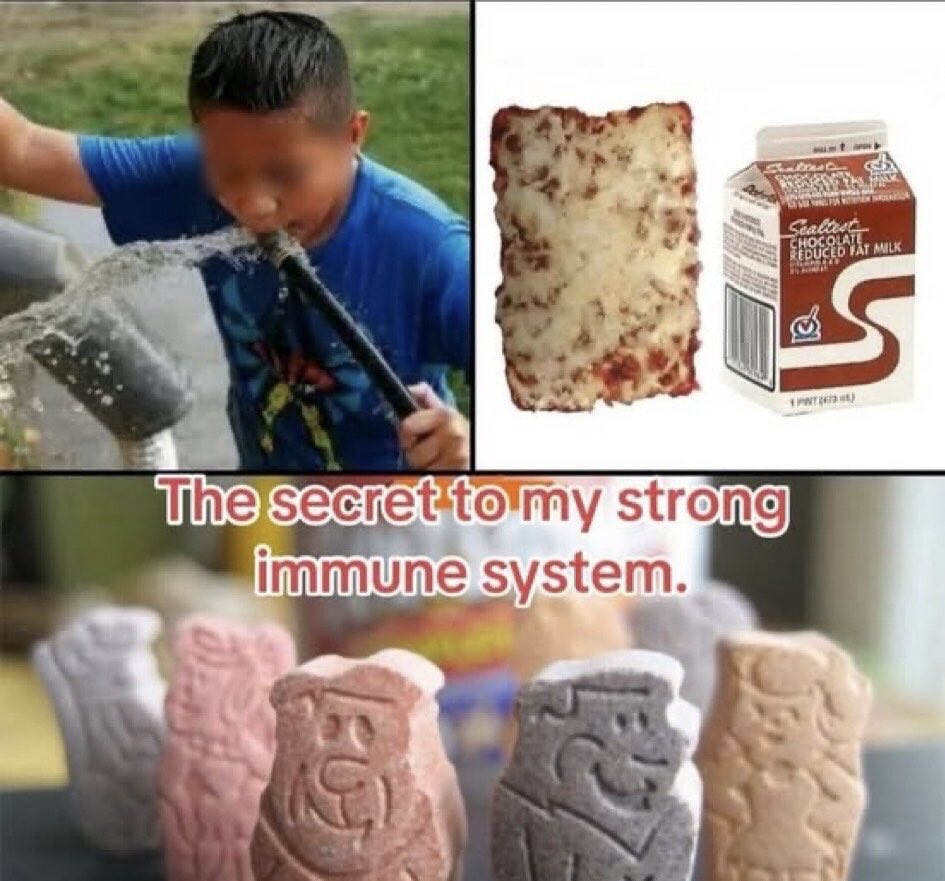Drinking from water hose ✅️

School lunch pizza ✅️

Flintstones vitamins ✅️

Exercise, outdoors and sunlight ✅️