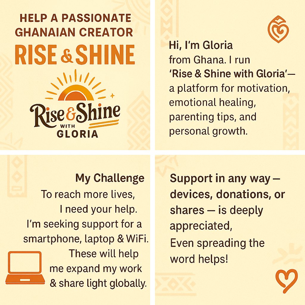 GloriaS70716's tweet image. @soronkoacademy Dear @soronkoacademy,
I’m Gloria, a Ghanaian content creator.
My platform “Rise &amp;amp; Shine with Gloria” uplifts lives through motivation &amp;amp; parenting.
Support with tools or visibility would be a huge blessing.
#SupportWomenInTech #GloriaCares