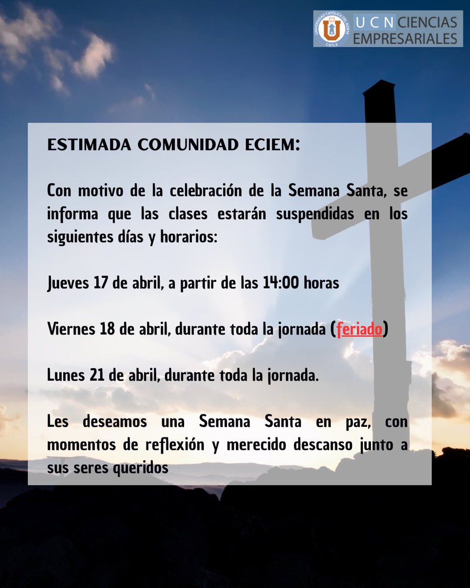 📣✨ Estimada Comunidad ECIEM:

Con motivo de la celebración de la Semana Santa 🙏✝️🌿, les informamos que las clases 🏫📚 estarán suspendidas 🚫🕊️ en los siguientes días y horarios. 📆⏰