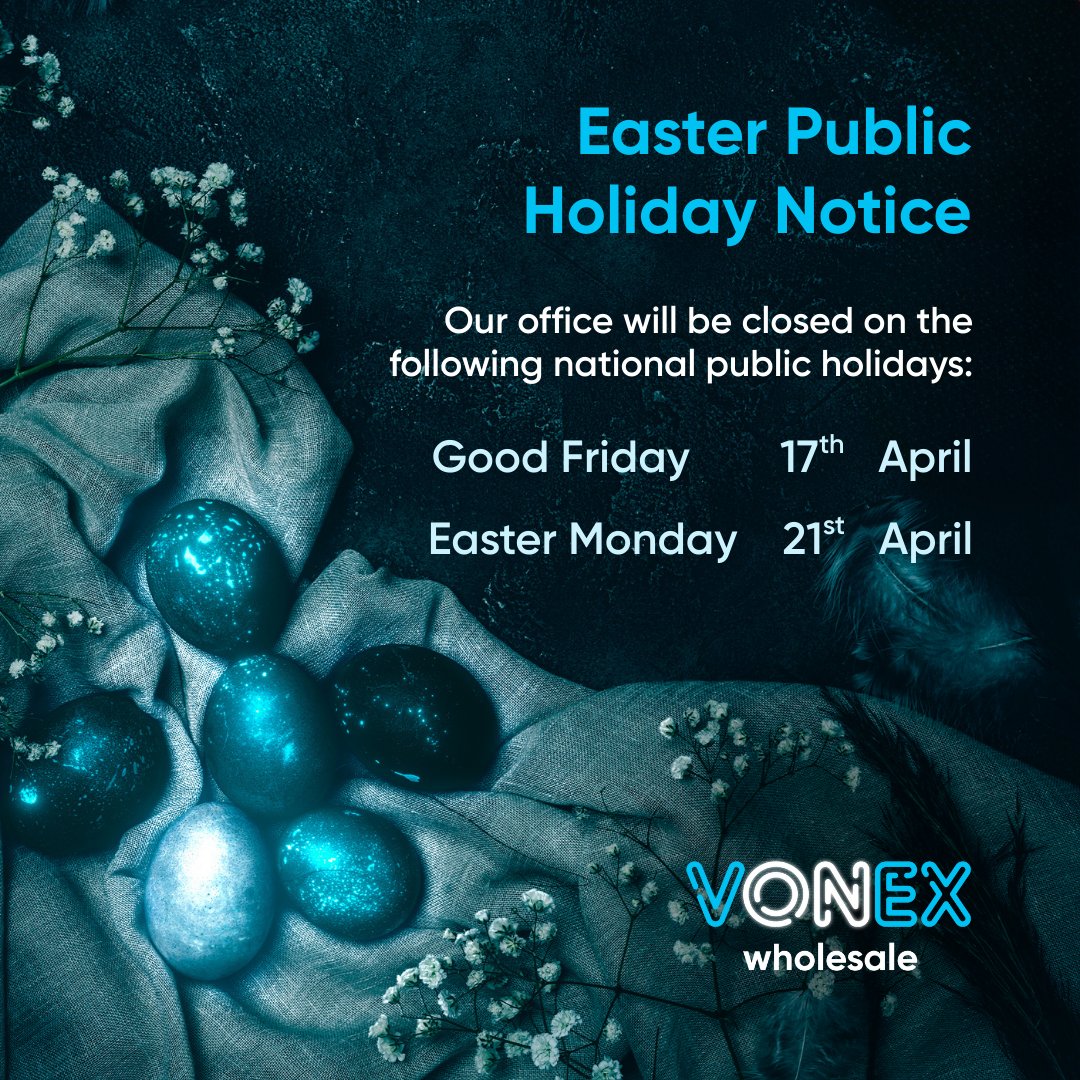 VonexWholesale's tweet image. Our team will take a short break on Good Friday (18 Apr) and Easter Monday (21 Apr), with our usual support resuming Tuesday (22 Apr).
Wishing our valued Partners and their families a safe, joyful, and relaxing Easter.
#HappyEaster #SupportHours