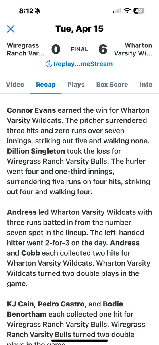 Connor Evans (@connor_evans34) on Twitter photo On the mound for Districts game 1 last night and brought home the W! !
7IP 3H 0ER 0BB 5SO
One down…one to go! Let’s Go!!
<a href="/Whartonbaseball/">Wharton Baseball</a> <a href="/Anthony_Markle/">Anthony Markle</a>
<a href="/elitefuego/">Elite Fuego Pitching Lab</a>
<a href="/BUncommitted/">Baseball_Uncommitted</a>
<a href="/813Preps/">813Preps</a>
<a href="/Z_Prospectline/">Prospect Pipeline📝</a>
<a href="/Seth_3773/">Seth McClung</a> On the mound for Districts game 1 last night and brought home the W! !
7IP 3H 0ER 0BB 5SO
One down…one to go! Let’s Go!!
<a href="/Whartonbaseball/">Wharton Baseball</a> <a href="/Anthony_Markle/">Anthony Markle</a>
<a href="/elitefuego/">Elite Fuego Pitching Lab</a>
<a href="/BUncommitted/">Baseball_Uncommitted</a>
<a href="/813Preps/">813Preps</a>
<a href="/Z_Prospectline/">Prospect Pipeline📝</a>
<a href="/Seth_3773/">Seth McClung</a>
