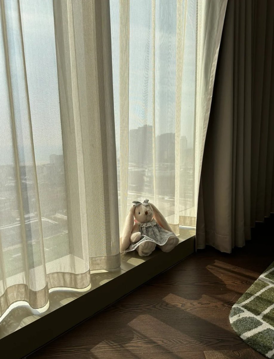 陽光がカーテンを通り抜け、淡い光が木の床に広がり、光と影が交差して、まるで時間がここでゆっくりと流れているかのようです。静かな小さなウサギが窓辺に座っていて、待っているようにも、思索にふけっているようにも見えます。この一瞬の静けさと優しさを感じるために、思わず足を止めたくなります