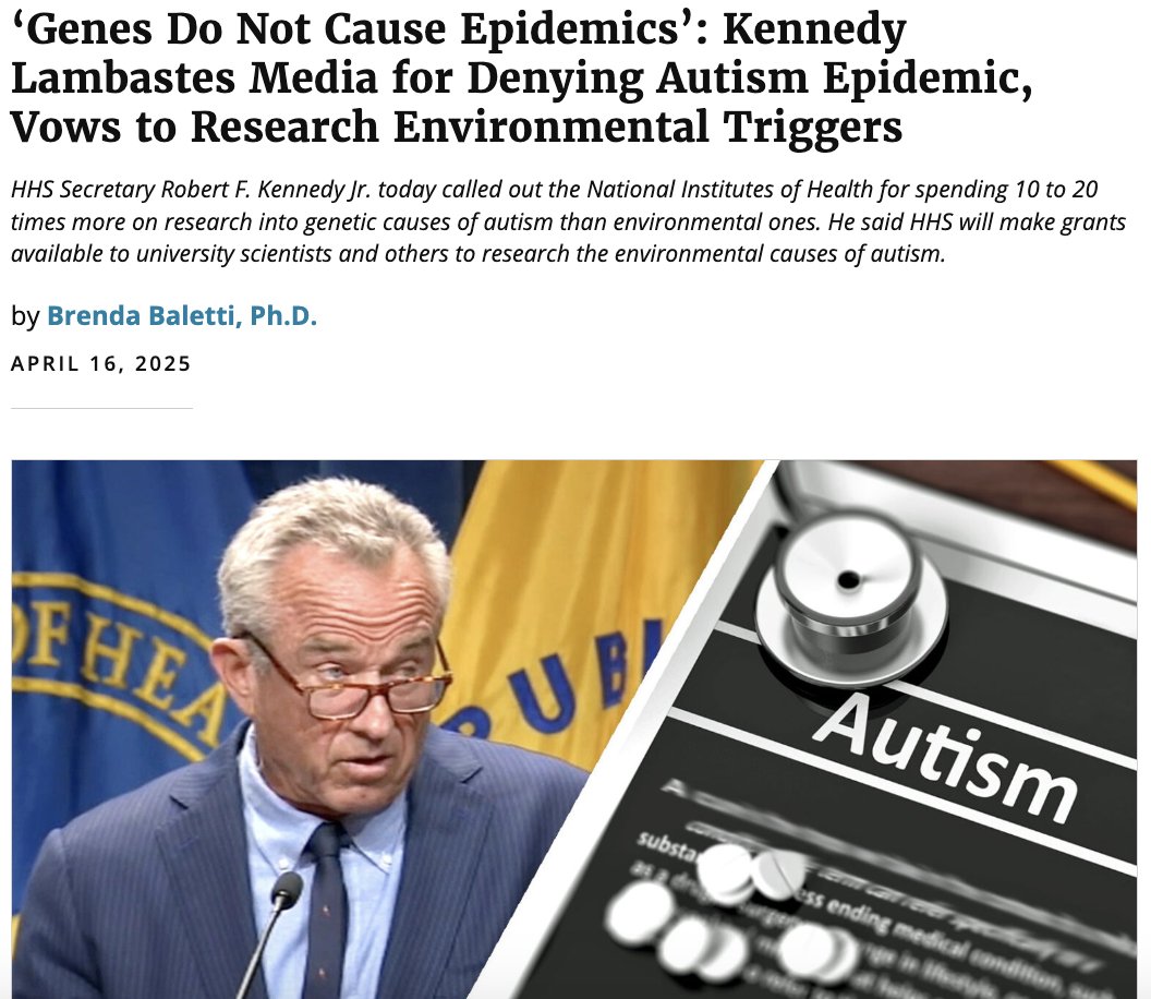ChildrensHD's tweet photo. ‘Genes Do Not Cause Epidemics’: Kennedy Lambastes Media for Denying Autism Epidemic, Vows to Research Environmental Triggers

“So we know what the historic numbers are and we know what the numbers are today, and it’s time for everybody to stop attributing this to this ideology of epidemic denial.” @RobertKennedyJr 

@SecKennedy called out the National Institutes of Health for spending 10 to 20 times more on research into genetic causes than into environmental ones, and pledged that under his leadership, that will change.