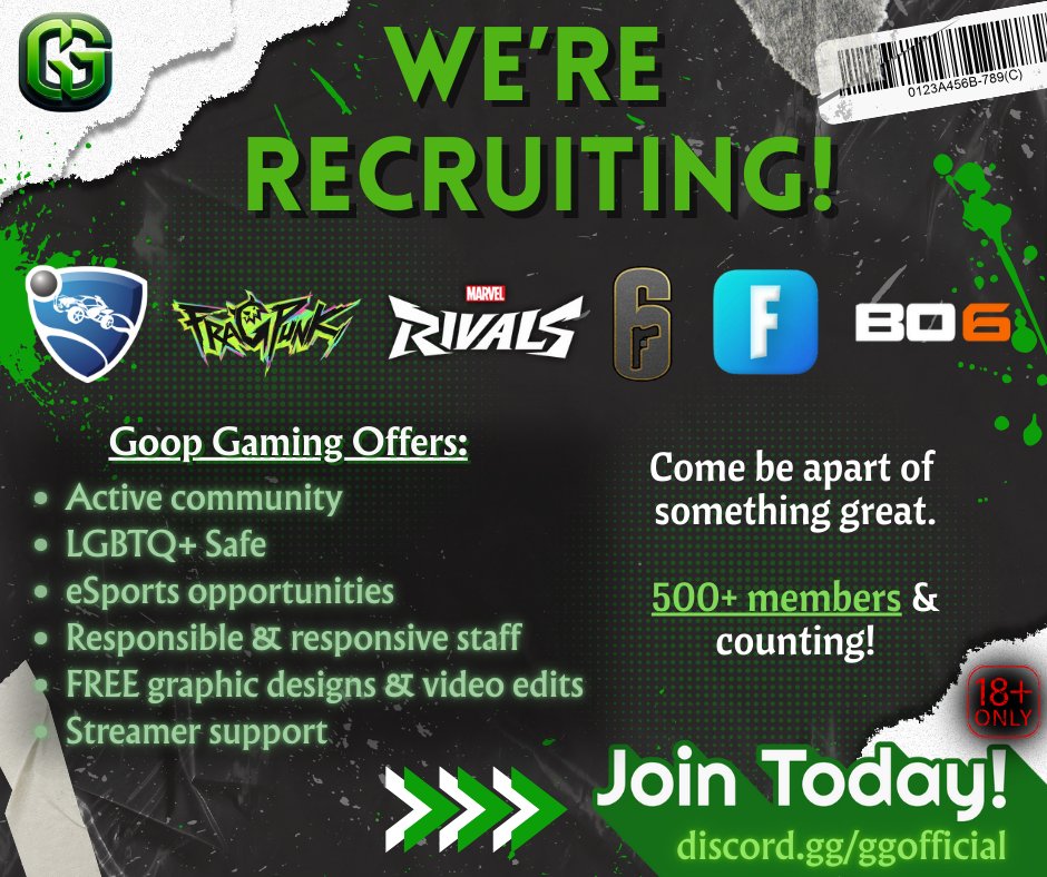Goop Gaming is #Recruiting !🙌 18+ #discordcommunity with lots to offer. Come see what we're about! discord.gg/ggofficial♥️