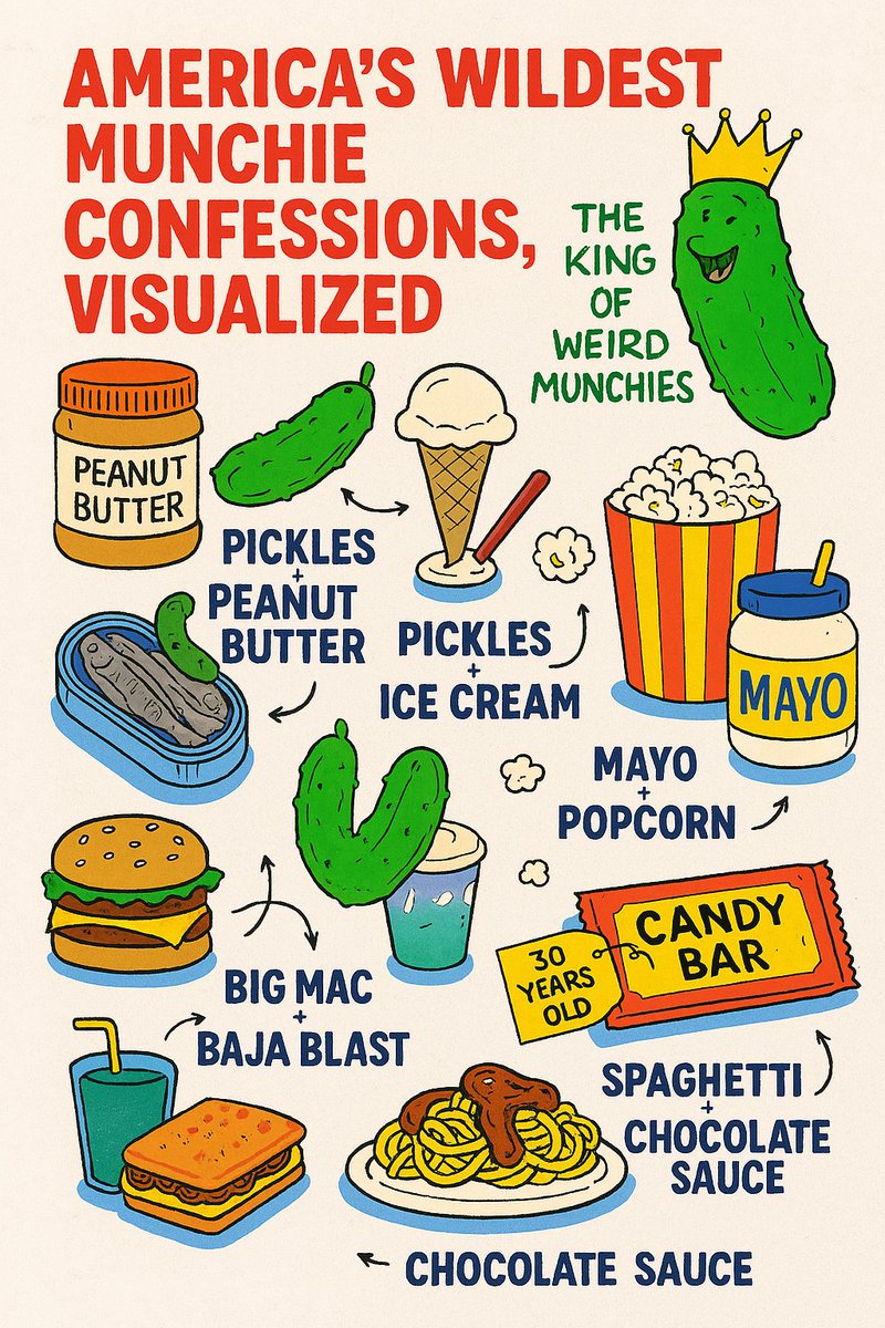 cbdoracle's tweet image. THC + hunger + zero shame = some truly unhinged snack decisions.

We surveyed 1,000 cannabis users and here’s what they’ve eaten while high:

🥒 Pickles with chocolate syrup
🍕 Pizza with ice cream
🐟 Sardines... in a milkshake
🍫 A 30-year-old collectible Reggie Bar 😳

But why…
