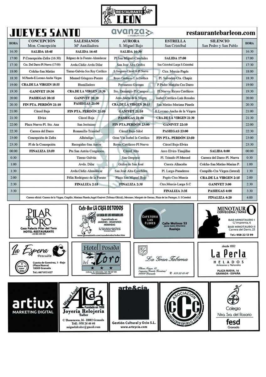 JUEVES SANTO EN GRANADA 
Aquí os dejamos los horarios e itinerarios de las hermandades que hoy realizan estación de penitencia. 

Enlace versión PDF para imprimir 
⬇️⬇️⬇️⬇️⬇️
drive.google.com/file/d/1496Nz_…