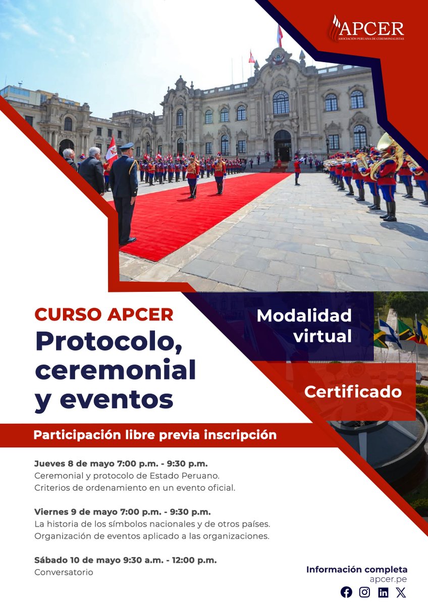 Con gran optimismo presentamos nuestro próximo curso de participación libre organizado por la Asociación Peruana de Ceremonialistas.

Participación libre previa inscripción en el siguiente formulario:
forms.gle/693Q4jERQmeKPr…
#apcer #cursovirtual #protocolo #ceremonial #eventos