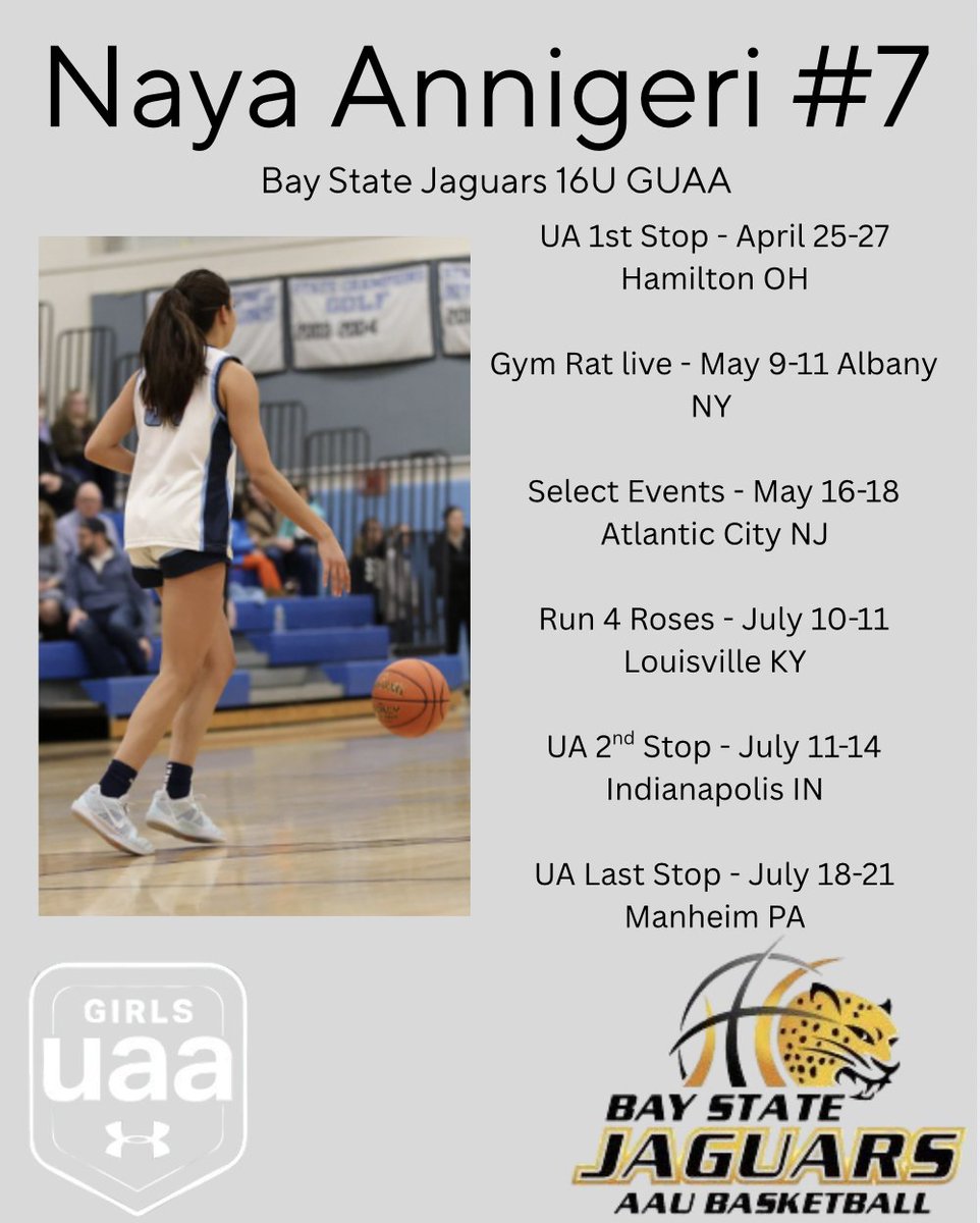 Naya Annigeri (@nayaannigeri_07) on Twitter photo Can't wait to get started with <a href="/BayStateJags/">Bay State Jaguars</a>!! Here's my schedule for the spring/summer season! 💛🖤
<a href="/mnick40/">Medfield GirlsHoop</a> <a href="/LaurieBollin/">LAURIE BOLLIN</a> <a href="/JagsRecruiting/">Bay State Jaguars Recruiting</a> Can't wait to get started with <a href="/BayStateJags/">Bay State Jaguars</a>!! Here's my schedule for the spring/summer season! 💛🖤
<a href="/mnick40/">Medfield GirlsHoop</a> <a href="/LaurieBollin/">LAURIE BOLLIN</a> <a href="/JagsRecruiting/">Bay State Jaguars Recruiting</a>