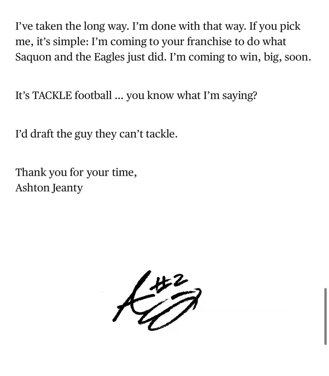 The end of Ashton Jeanty’s Letter to NFL GMs is so dope