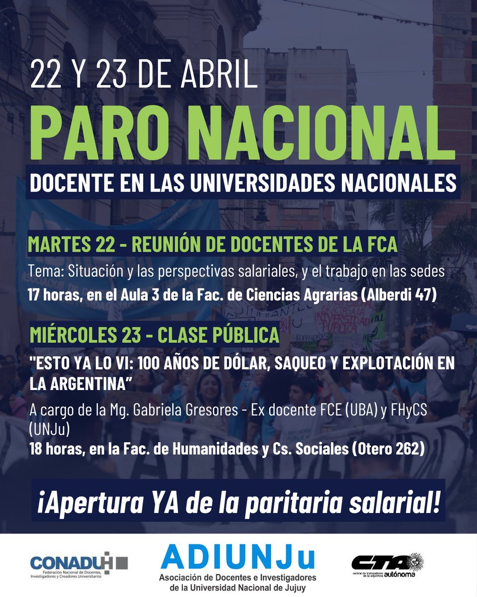 📅 22 Y 23 DE ABRIL: PARO NACIONAL DOCENTE EN LAS UNIVERSIDADES NACIONALES 📢

✊ ADIUNJu convoca a toda la docencia de la UNJu a sumarse a las actividades programadas en el marco del paro nacional de 48 horas, definido por la CONADU Histórica.