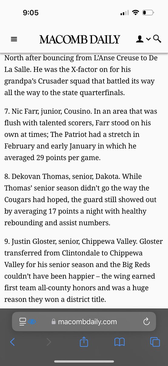 Thankful to be named Macomb tier one first team, Michigan all east second team, and top ten player in Macomb county
<a href="/MacombCougars/">Macomb Cougars AAU</a> <a href="/CVHSBasketball/">Chippewa Basketball</a>