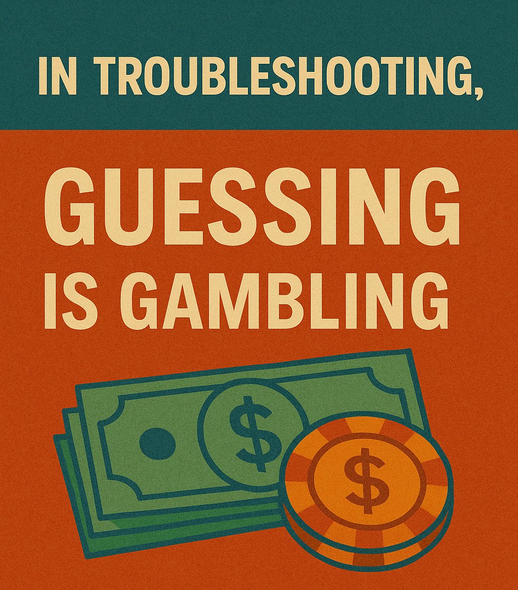 InternetMethod's tweet image. When you don’t slow down and actually look at the problem,
your guesses aren’t educated—they’re gambles.
Troubleshooting without thinking is just expensive gambling.
Take a breath. Follow the method.
Theinternetmethod.com