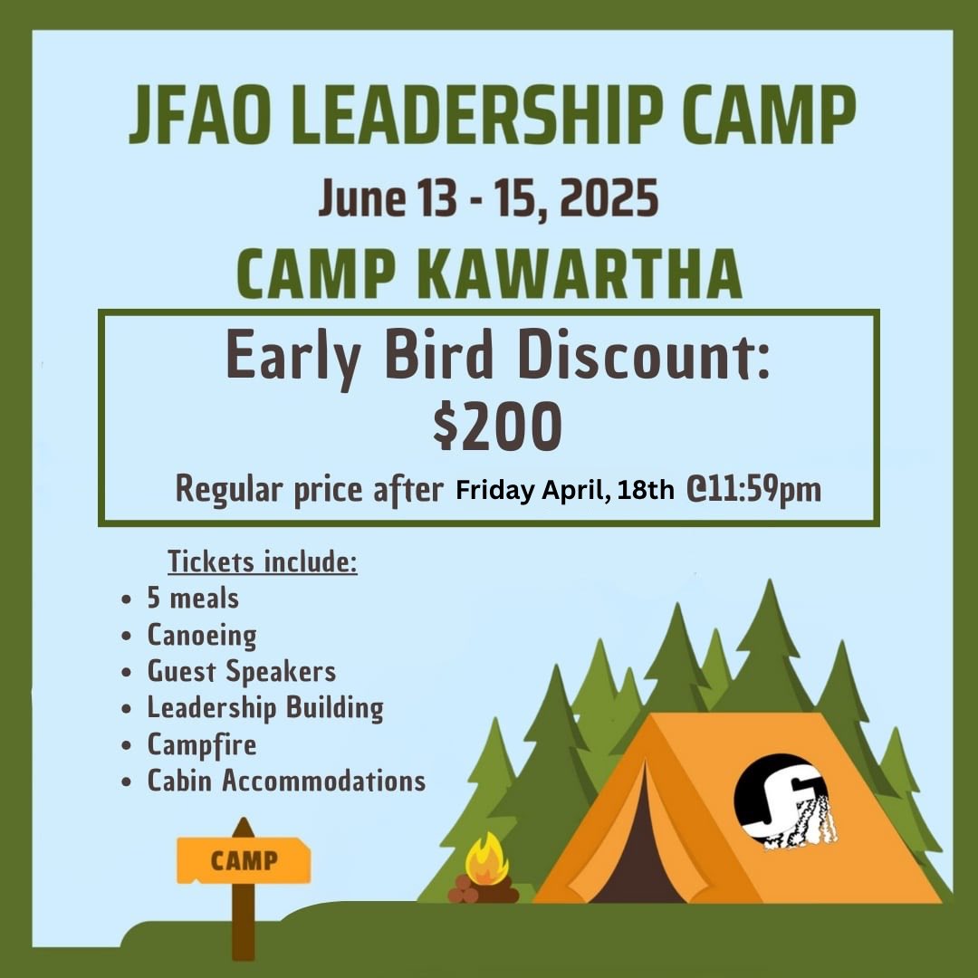 Just a couple days left to sign up for leadership camp with the early bird pricing! 

This years theme, “Courage to Take the Lead”

jfao.on.ca/event-calendar…