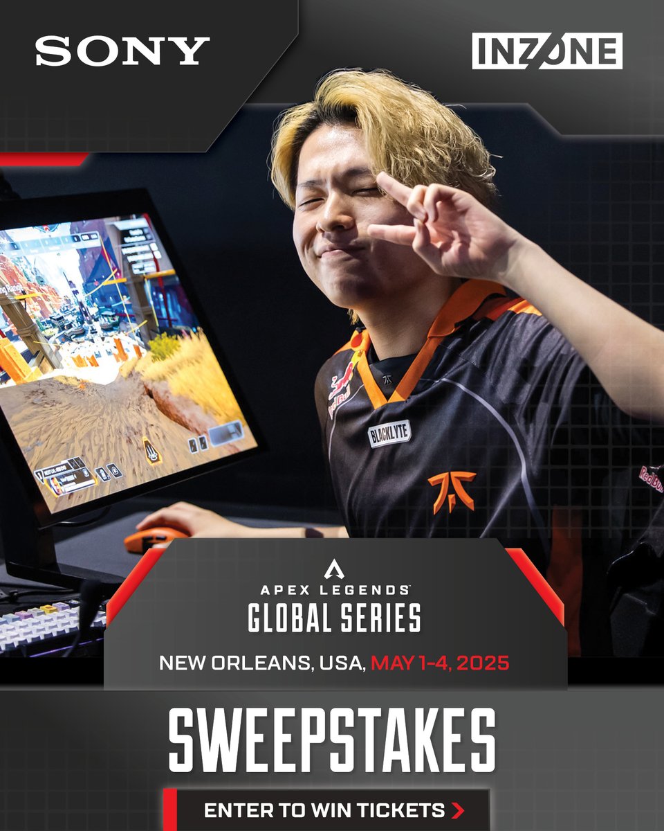 The INZONE M10S is the official monitor of the ALGS! 🎮 Win 2 tickets to the Year 5 Open in New Orleans for you + your duo. 🏆

Follow <a href="/INZONEbySony/">Sony | INZONE</a> &amp; <a href="/PlayApexEsports/">Apex Legends Esports</a>

Enter here: bit.ly/ALGSxINZONE
Travel not included. Ends Apr 22.

#SonyINZONE #ALGSOpen #GamingGiveaway