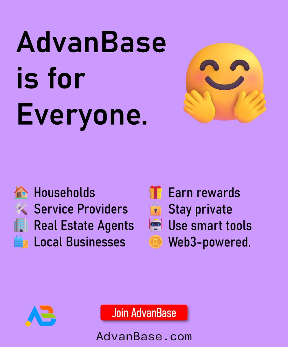 AdvanBase is built for everyone.
🏠 Households
🛠️ Service Providers
🏢 Real Estate Agents
🛍️ Local Businesses
Whether you're managing daily life or running a business, you deserve tools that work for you.
🎁 Earn rewards
🔒 Stay private
🤖 Use smart tools
🌐 Powered by Web3