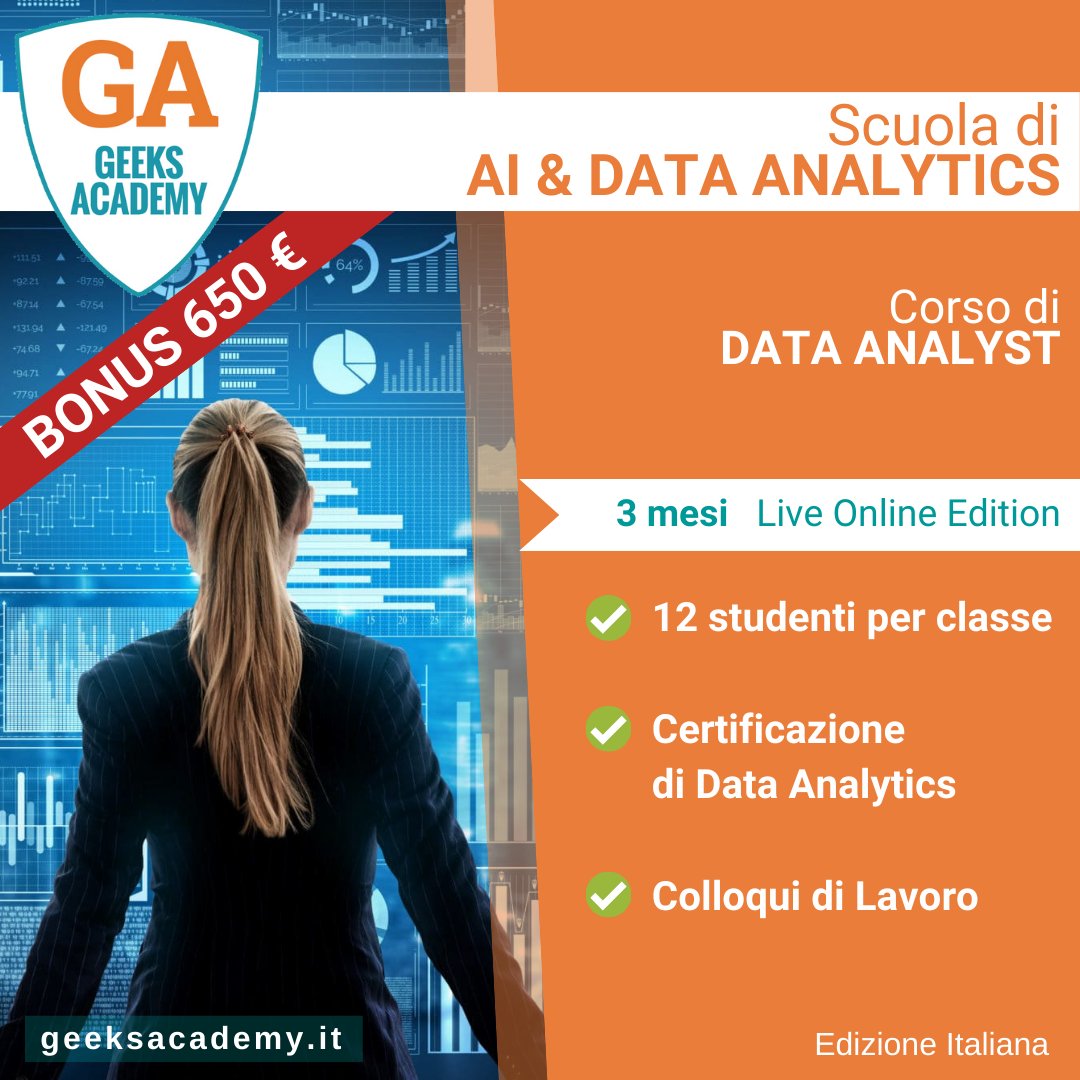 GeeksAcademyEu's tweet image. Mindset analitico, intuito per il business, e #leadership digitale fanno del #BigDataAnalyst, playmaker di ogni azienda #DataDriven.
120 ore di formazione pratica 100% live per scalare le tecnologie più innovative. ➡ is.gd/BD_Analyst
#datajobs #DataDriven #BigData