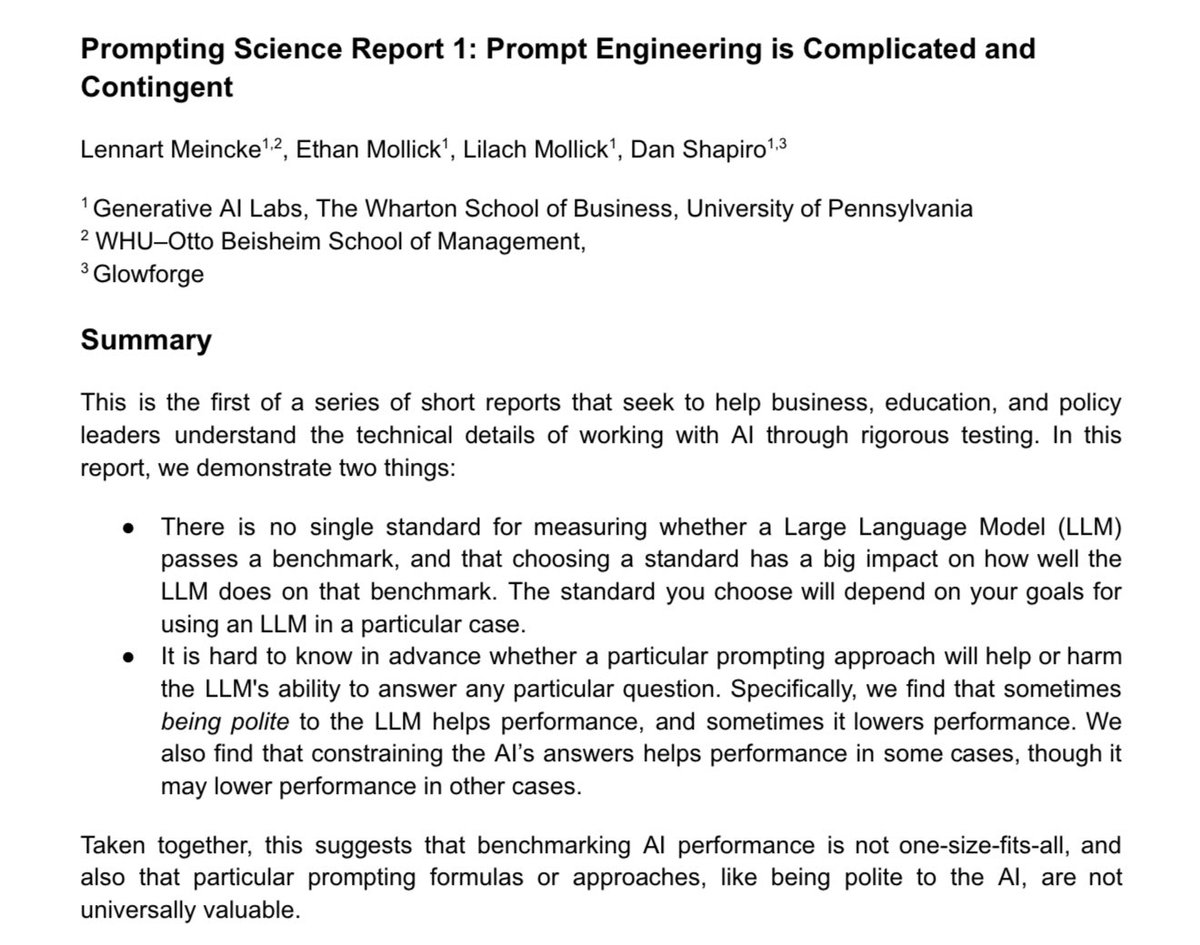 emollick's tweet image. This keeps coming up, but, just in case you were wondering, being polite seems to have no effect on answer quality in aggregate.

It greatly increases the quality of particular answers while greatly lowering the quality of others, and it is not possible to know which in advance.