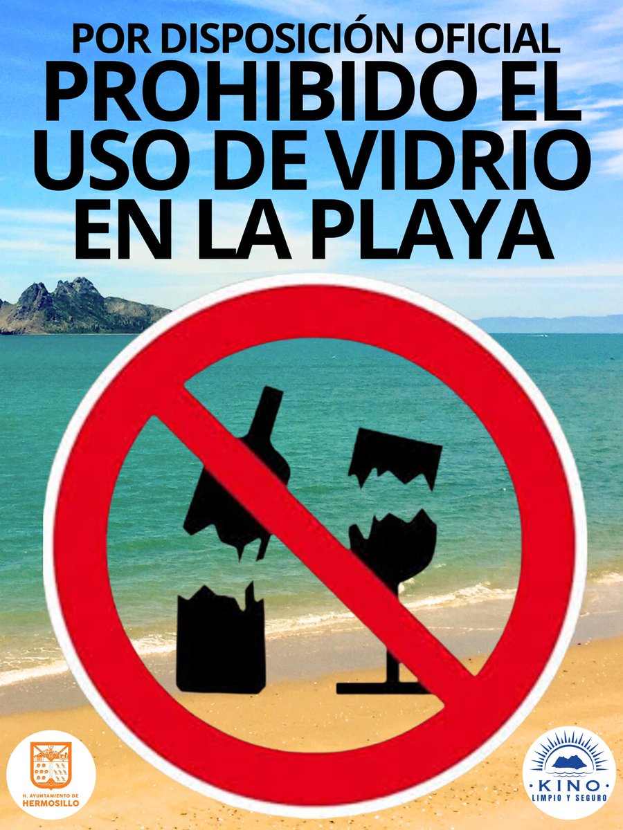kinolimpio's tweet photo. ¡Cuidemos juntos nuestra playa!
Según disposición oficial, está prohibido el uso de envases de vidrio en la playa.
El vidrio representa un riesgo para todos: puede causar accidentes y contamina nuestro entorno.
Opta por envases reutilizables o de materiales seguros.
Tu cooperación ayuda a mantener la playa de  Bahía Kino limpia, segura y disfrutable para todos.