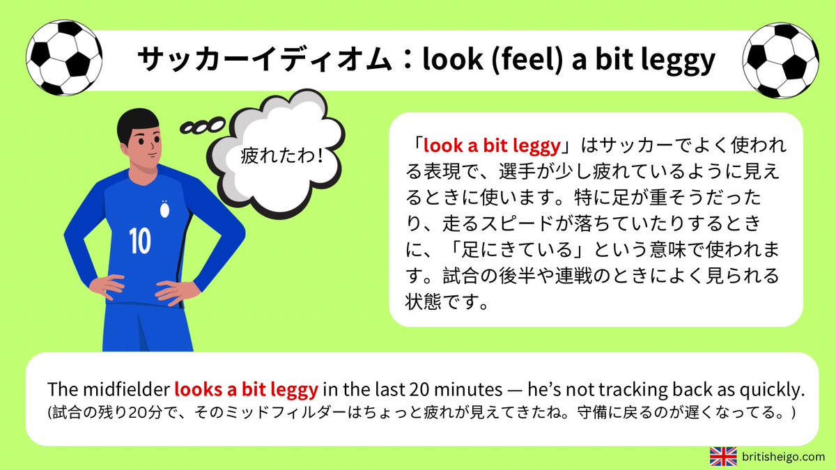 今日のサッカー英語: look/feel a bit leggy Leggyはスポーツ用語だけじゃなくて、日常会話にも使えます。しかし、意味 が変わります！そのleggyは「足が長い」という意味になります。タブロイド新聞や雑誌はよく女性のセレブの見た目について書くときに使います。 🦵