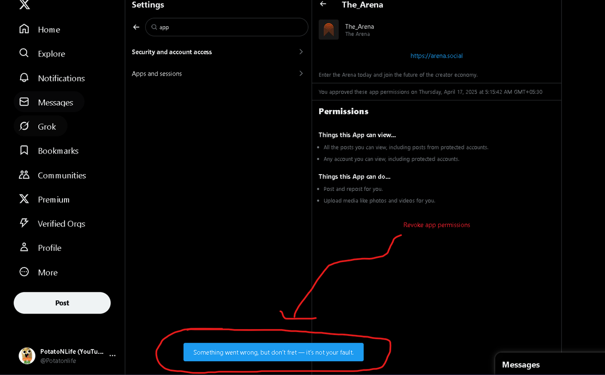 Potatonlife's tweet photo. Do Not connect The Arena,
you cannot revoke app permissions of it.

kindly provide solution for this @X @Support @XCorpIndia 

#security #bug #issue #thearena #arenasocial #AVAX https://t.co/bi4q4GsQdu