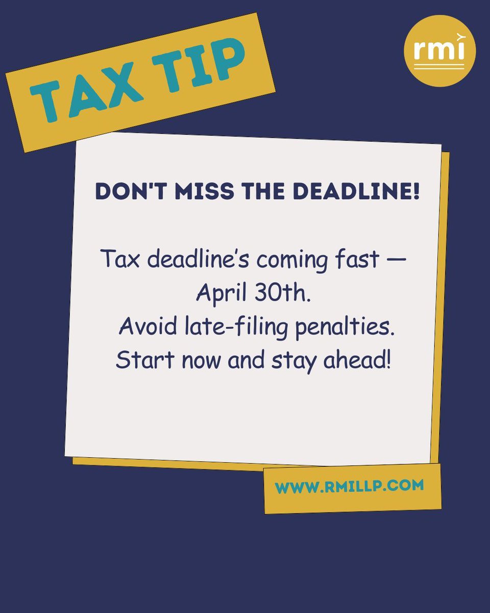 RMIAssociates's tweet image. ⏰ The countdown is on!

Canada's personal tax filing deadline is April 30th — and it’s coming fast.

Don’t wait until the last minute. Get your documents in order and file on time to avoid late penalties! 💼📅

#TaxSeason #FileOnTime #yyc #accountants