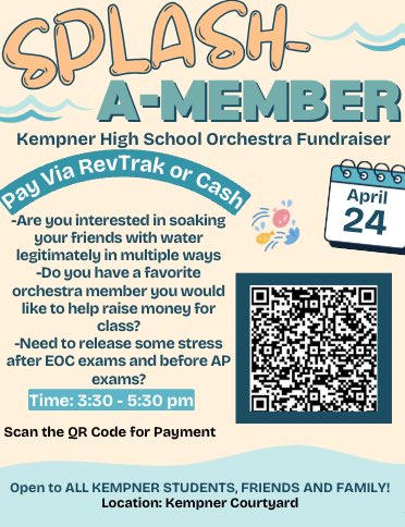 Kempner High School Orchestra (@kempnerorch) on Twitter photo You are invited to our Orchestra Splash-a-Member fundraiser next Thursday, April 24, in the Kempner Courtyard from 3:30 - 5:30. All payments will be a donation to the KHS Orchestra. Link in bio! See you there and thanks for your support! <a href="/KHS_Cougars/">Kempner High School</a> <a href="/kempnerPTO/">Kempner PTO</a> <a href="/TheKHSLibrary/">Kempner Library</a> You are invited to our Orchestra Splash-a-Member fundraiser next Thursday, April 24, in the Kempner Courtyard from 3:30 - 5:30. All payments will be a donation to the KHS Orchestra. Link in bio! See you there and thanks for your support! <a href="/KHS_Cougars/">Kempner High School</a> <a href="/kempnerPTO/">Kempner PTO</a> <a href="/TheKHSLibrary/">Kempner Library</a>