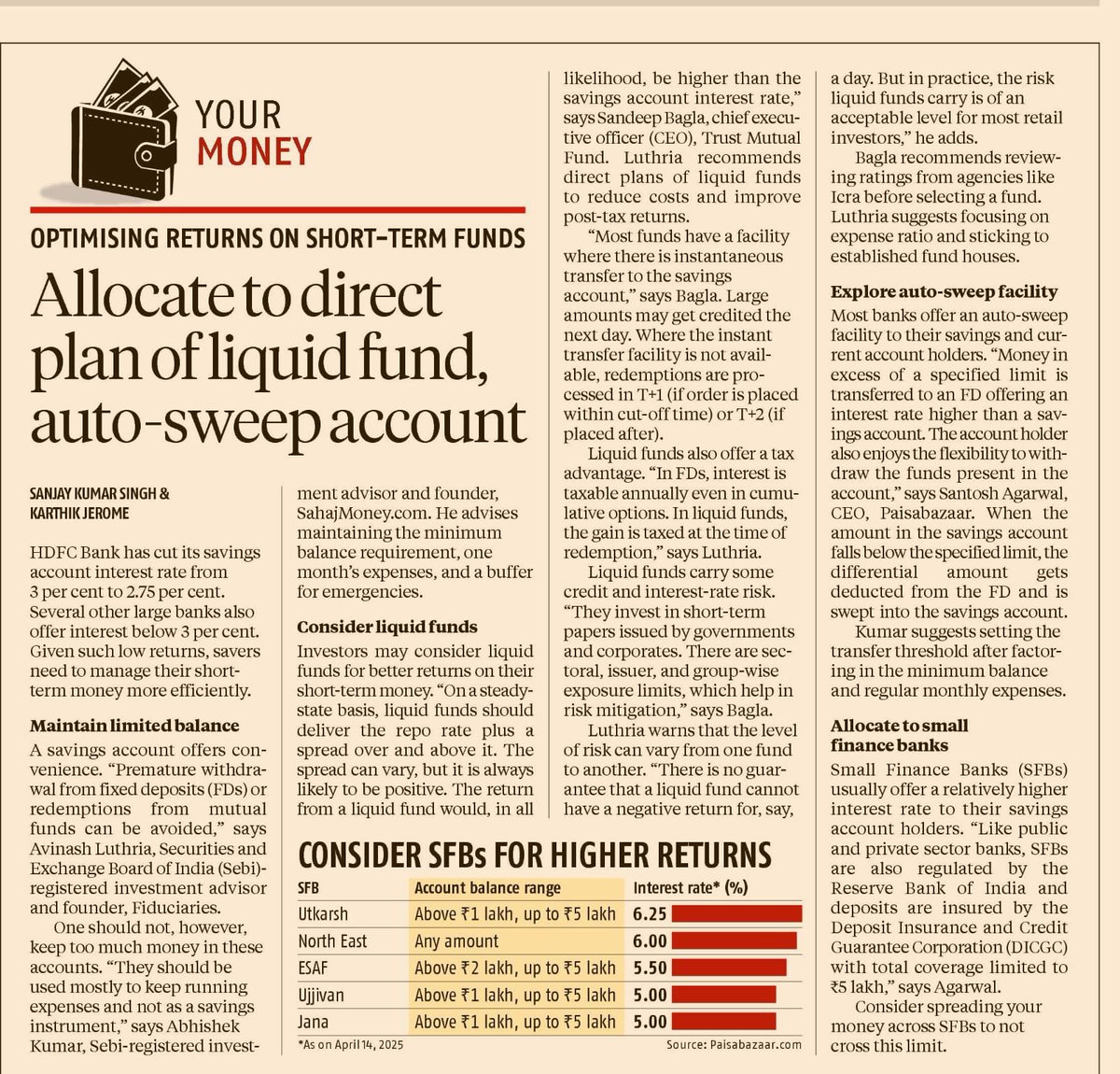 HDFC Bank recently cut the rate on its savings account from 3% to 2.75%. My article in Business Standard on how to manage your liquid (short-term) money: