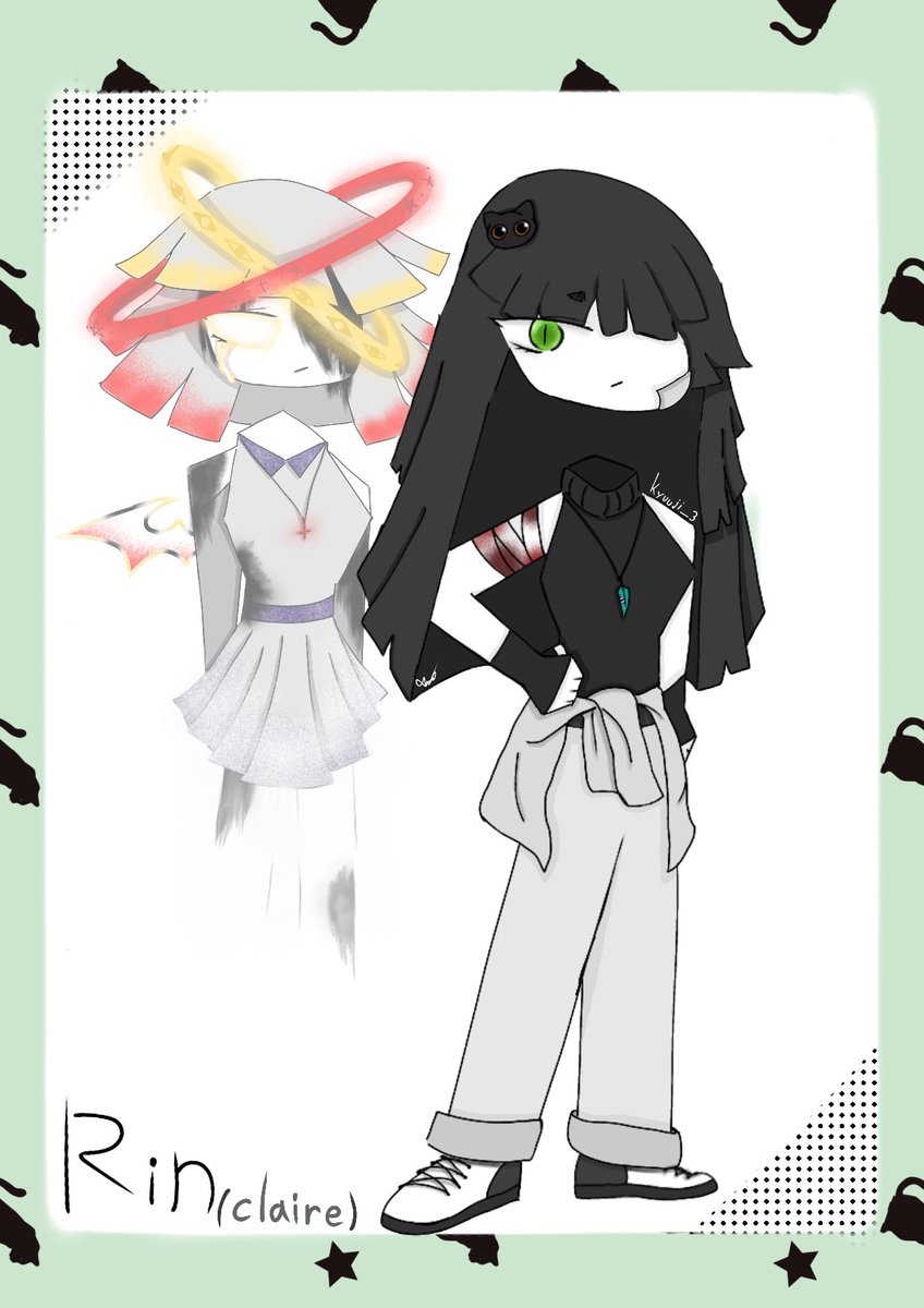 Keya_T3T's tweet photo. Rin claire(my au)
The green one is my full body drawing and the yellow one is my chibi drawing
 If you're wondering why there are two triangles, I'll tell you the green one is the cover and the yellow one is Alice
The part I didn't put in is I won't draw. I'm sorry, but I'm tired https://t.co/nxniNZtSge