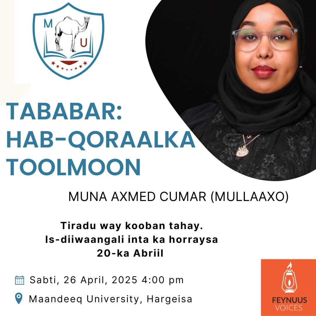 Jaamacadda Maandeeq iyo Qoraa Muna Axmed Cumar waxa ay si wada jir ah u qabanayaan, tababaro taxane ah, kaas oo loogu talagalay in uu dhallinyarada ka caawiyo xoojinta, iyo kobcinta xirfadaha iyo aqoonta lagama maarmaanka u ah qorista hufan. <a href="/mullaaxo/">Muna Ahmed 💎</a> 
forms.gle/nxu6kypfGt4dVG…