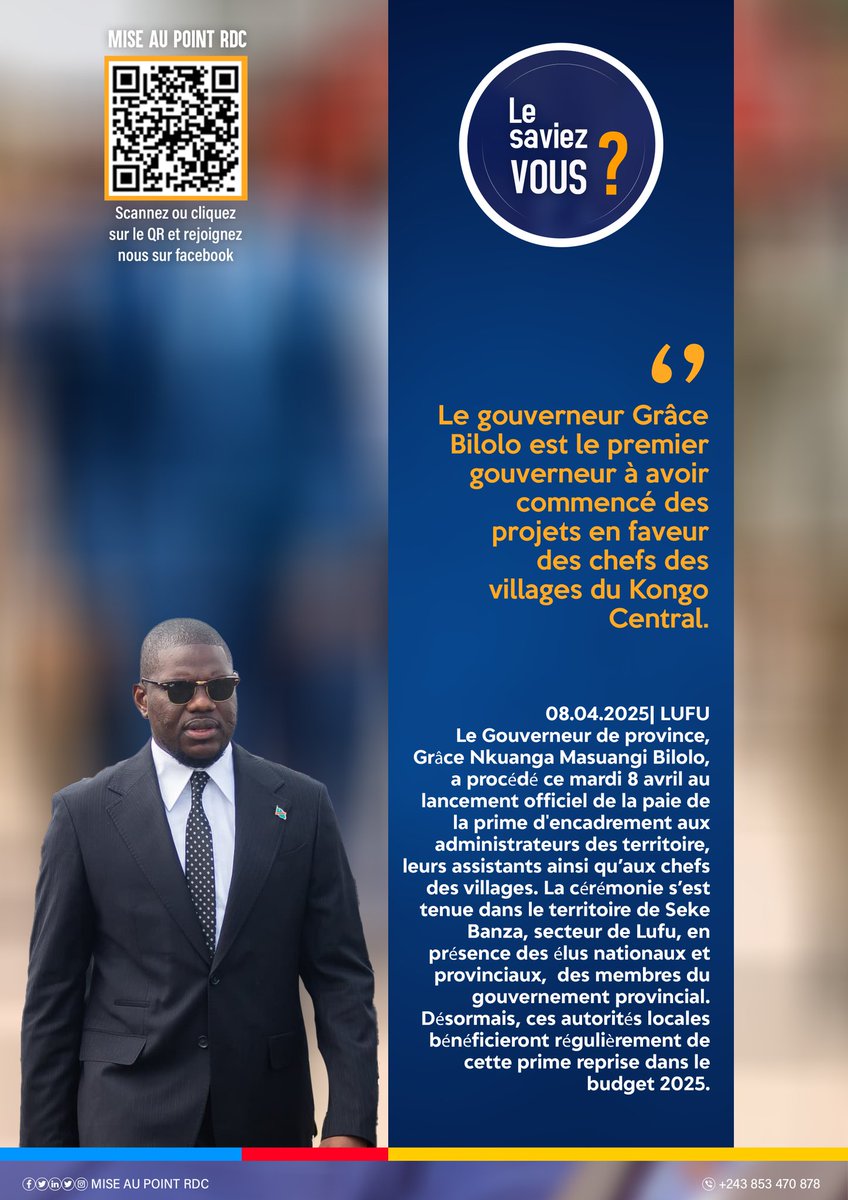 Le saviez-vous ? 
Le gouverneur Grâce Bilolo est le premier gouverneur à avoir commencé des projets en faveur des chefs des villages du Kongo Central.<a href="/Presidence_RDC/">Présidence RDC 🇨🇩</a>
<a href="/GouvernoratK_C/">Gouvernorat du Kongo Central</a>
<a href="/DMukokoSamba/">Daniel Mukoko Samba</a> <a href="/GraceBilolo/">Grâce masuangi bilolo</a>
☎️+243853470878
📧 lobamuanamboka@gmail.com