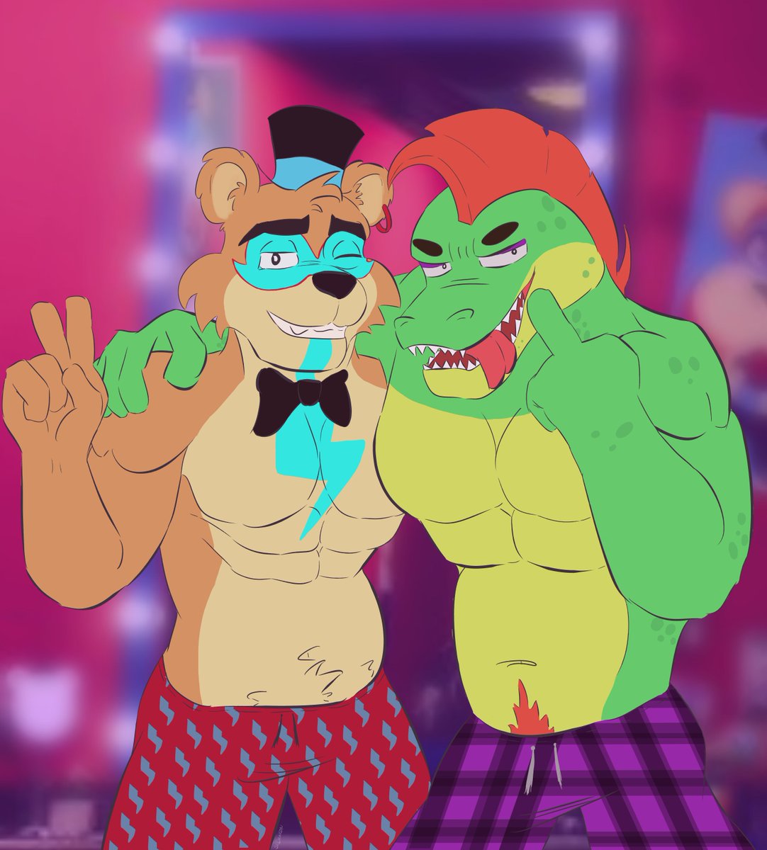 srDrak0n's tweet photo. Boys night 
It's boys night, so anything goes! >< 
#digitalart #art #Monty #Montygator #Montgomery #SFW #FNAF #fivenightsatfreddy #securitybreach #furryart #glamrockfreddy https://t.co/9gNZrQdJCY