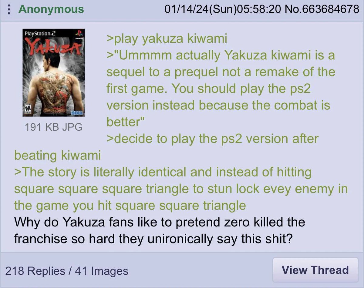 terracottahart's tweet photo. Yk back when I first saw this I thought this 4chan guy was making a ridiculous lie but now I know that Yakuza fans are really just like that https://t.co/ikCLRdRA6z
