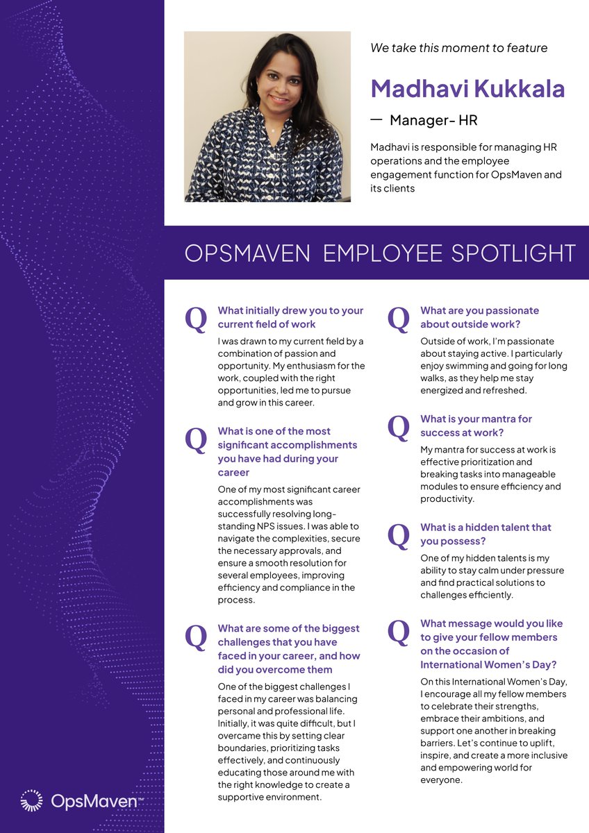 ops_maven's tweet image. OpsMaven Employee Spotlight 🌟
Meet one of the amazing women behind OpsMaven’s success! As part of our HR team, Madhavi helps build an inclusive, empowering workplace where everyone thrives.
#OpsMavenWomen #WomenAtWork #HR #HRHeroes #OpsMaven