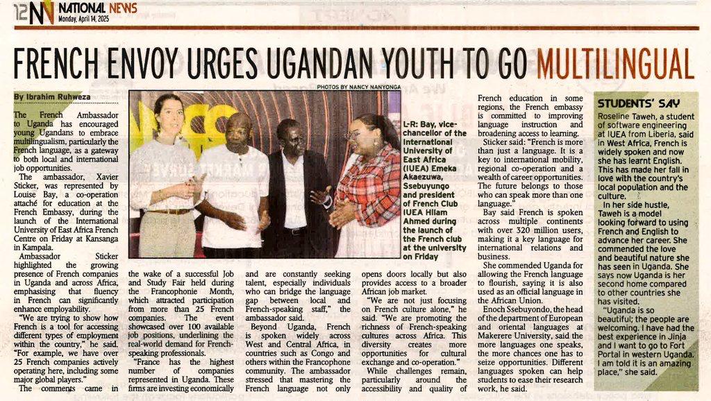 iuea_uganda's tweet photo. ๐French Club Launched at IUEA! ๐ซ๐ท๐บ๐ฌ
With support from the French Embassy, weโre encouraging Ugandan youth to embrace multilingualism as a gateway to global careers ๐โจ
@FrenchEmbassyUg
#FrenchInUganda #IUEA #LanguageForSuccess #YouthEmpowerment #FrenchEmbassyUganda #MultilingualYouth