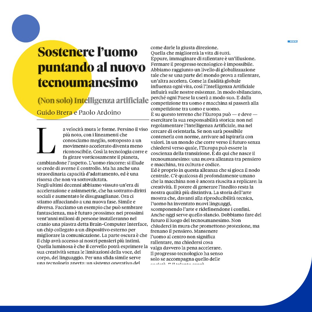 (Non solo) intelligenza artificiale 
🗞️"Sostenere l'uomo puntando al nuovo tecnoumanesimo" sul <a href="/sole24ore/">IlSole24ORE</a> 

#Tecnologia #intelligenzaartificiale <a href="/ACortellazzoJr/">Andrea Cortellazzo</a> <a href="/VivMilano/">Viv Milano</a> <a href="/Digital_Magics/">Digital Magics</a> <a href="/silviastrips/">Silvia Moggia</a> <a href="/mkl/">Mirko Lalli</a> <a href="/jacopopaoletti/">Jacopo Paoletti</a> <a href="/InnovazioneTri1/">Innovazione Tricolore</a> <a href="/N4ik3/">Nicoletta Gay</a> <a href="/AI_x_IA/">AIxIA</a>