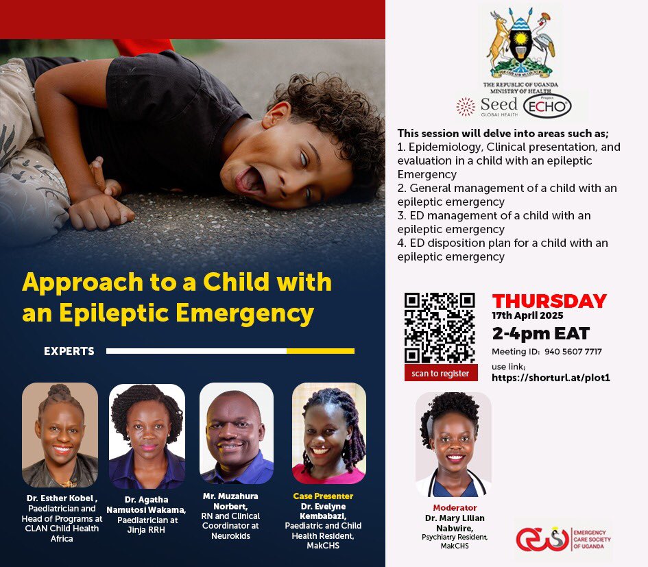 📌HAPPENING TODAY AT 2PM📌

Approach to a Child with an Epileptic Emergency

🗓️: Thursday 17th April 2025

⏰: 2-4 pm EAT

Registration Link: zoom.us/meeting/regist…

See you then🫱🏽‍🫲🏾