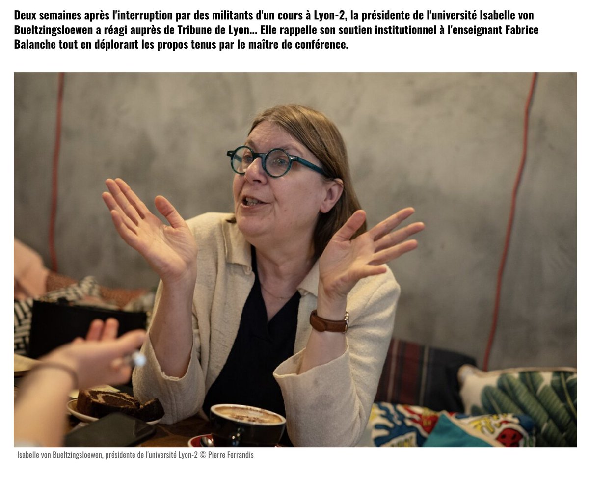 #AffaireBalanche 
La sidérante attitude de la présidente de l'Université de Lyon qui lâche l'enseignant chercheur Fabrice Balanche (rapporté dans <a href="/LePoint/">Le Point</a>  par <a href="/GeWoessner/">Géraldine Woessner</a>.)

Rappel des faits : une vingtaine de militants masqués, affiliés au groupe radical « Lyon-2 Autonome »,