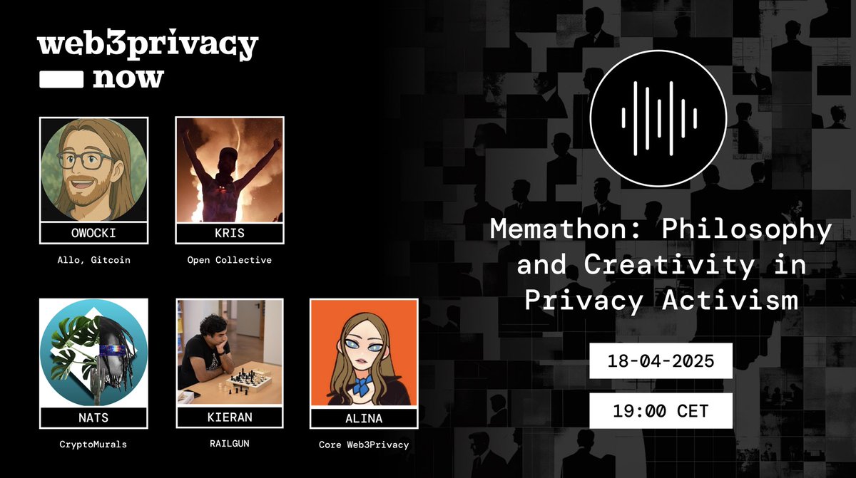 Our first #Memathon X space was so good, we decided to do another one. 

Tune in this Friday 7pm CET to dive into deeper meaning behind memes: creativity and philosophy in a privacy activism. 

Rating some submissions included 👀

Feat. <a href="/owocki/">Kev.Ξth brewin’ GG24 🍲✨</a>, <a href="/krrisis/">Kris Is🎈</a>, <a href="/0xnats/">Ｎ ▲ Ｔ Ｓ 🍃⚔️</a>, <a href="/mesquka/">Kieran</a> and