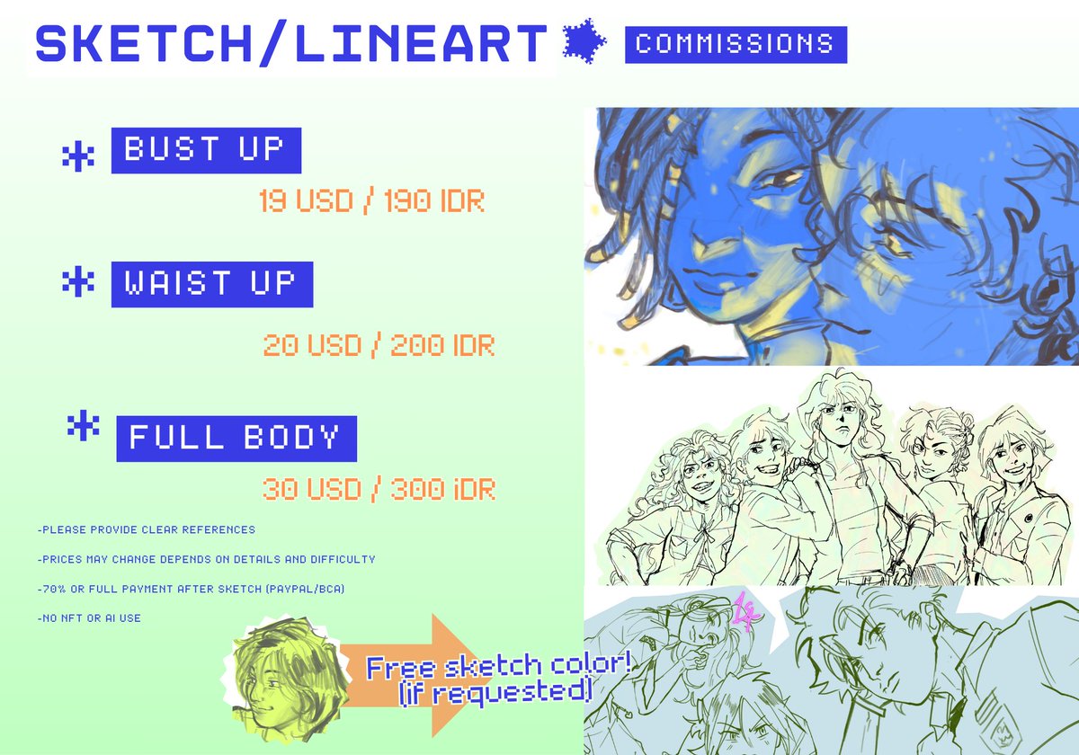 fedsteaa's tweet image. RTs are much appreciated❣️
hello! i'm currently opening emergency sketch commissions for ocs, character portraits, fanarts from any fandom and many more! I'll be opening 3 slots for this batch(✷‿✷)
please do DM me if interested!