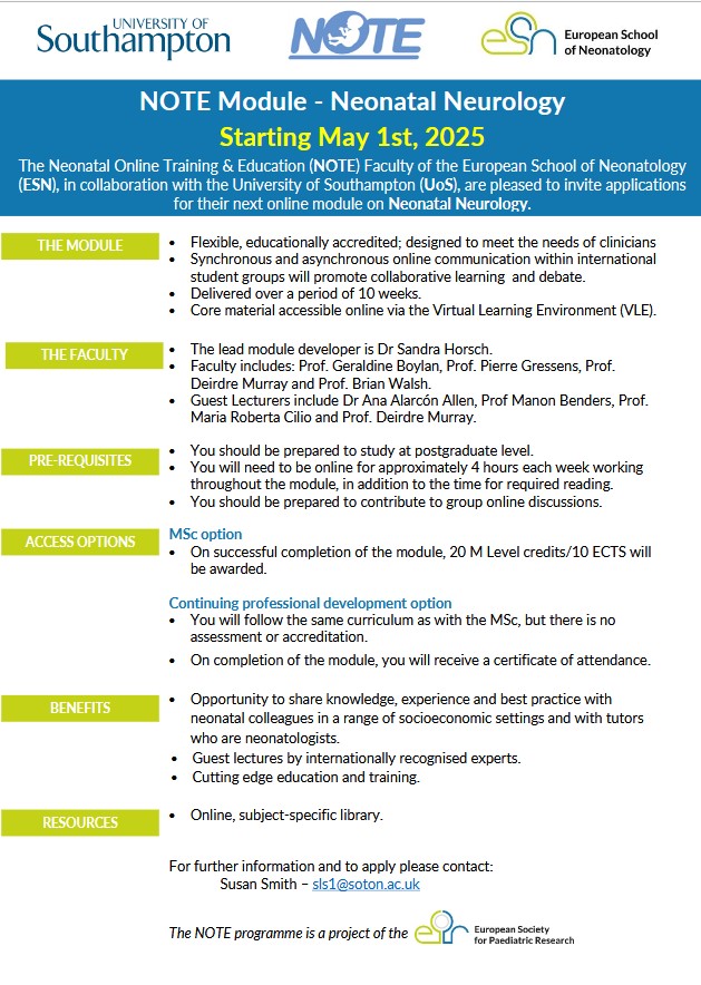 European Society for Paediatric Research (ESPR) (@espr_esn) on Twitter photo 🚨 Registrations open! 🚨
Join the NOTE MSc online Module in Neonatal Neurology starting May 1st, 2025 🌍🧠
✅ 10-week online course
✅ International expert faculty
✅ MSc & CPD options
✅ Designed for clinicians
📩 Contact: sls1@soton.ac.uk
More info via espr.eu/news/news-deta… 🚨 Registrations open! 🚨
Join the NOTE MSc online Module in Neonatal Neurology starting May 1st, 2025 🌍🧠
✅ 10-week online course
✅ International expert faculty
✅ MSc & CPD options
✅ Designed for clinicians
📩 Contact: sls1@soton.ac.uk
More info via espr.eu/news/news-deta…