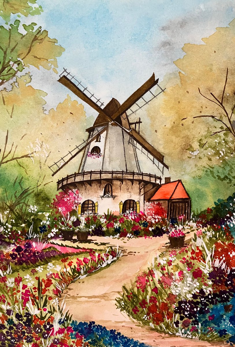 #Windmills and spring time. #watercolor #watercolorpainting #flowers