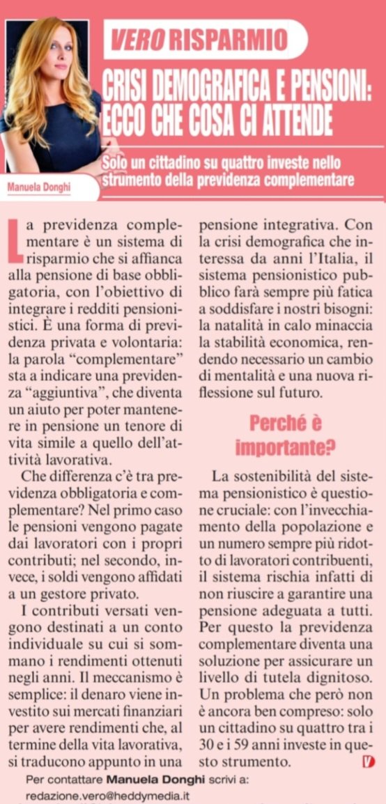 💰 Uno degli appuntamenti finanziari della settimana è il SALONE DEL RISPARMIO.
⏭️ Centrale l’importanza della previdenza complementare, che in Italia non è al livello degli altri Paesi. 
📰 La mia rubrica VERO RISPARMIO sul settimanale VERO

👇
🖋 redazione.vero@heddymedia.it