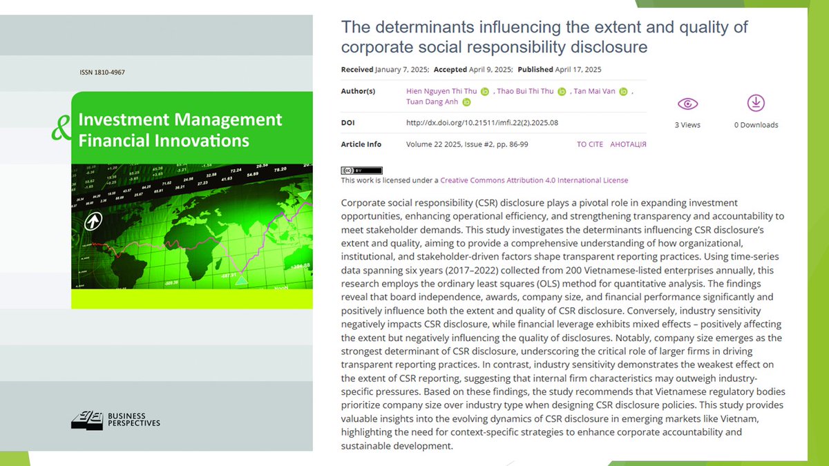 imfi_journal's tweet image. 🔗lnkd.in/drhE5x5F
📝 The #determinants influencing the extent and quality of #corporate social responsibility #disclosure
👥Hien Nguyen Thi Thu, Thao Bui Thi Thu, Tan Mai Van, Tuan Dang Anh
