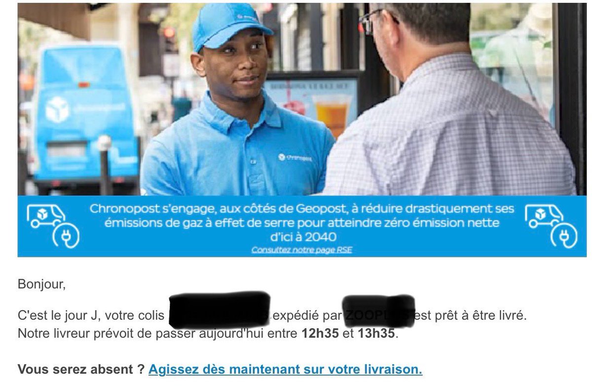Bonjour <a href="/Chronopost/">Chronopost</a>. J’ai une livraison prévue aujourd’hui. Je suis présent pour la réception. On parie combien que je reçois un mail de report ?