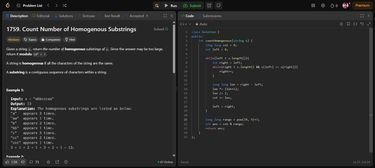 Yash_623's tweet photo. 🔥 Day 198 of DSA Series 🚀

Solved 1 LeetCode problem!

1️⃣ Count Number of Homogeneous Substrings 🔤📊
Used sliding window logic to count consecutive characters efficiently—simple yet elegant! 💡✅

#100DaysOfCode #LeetCode #DSA #StringProcessing #CodingChallenge https://t.co/wEjzsBjCKv