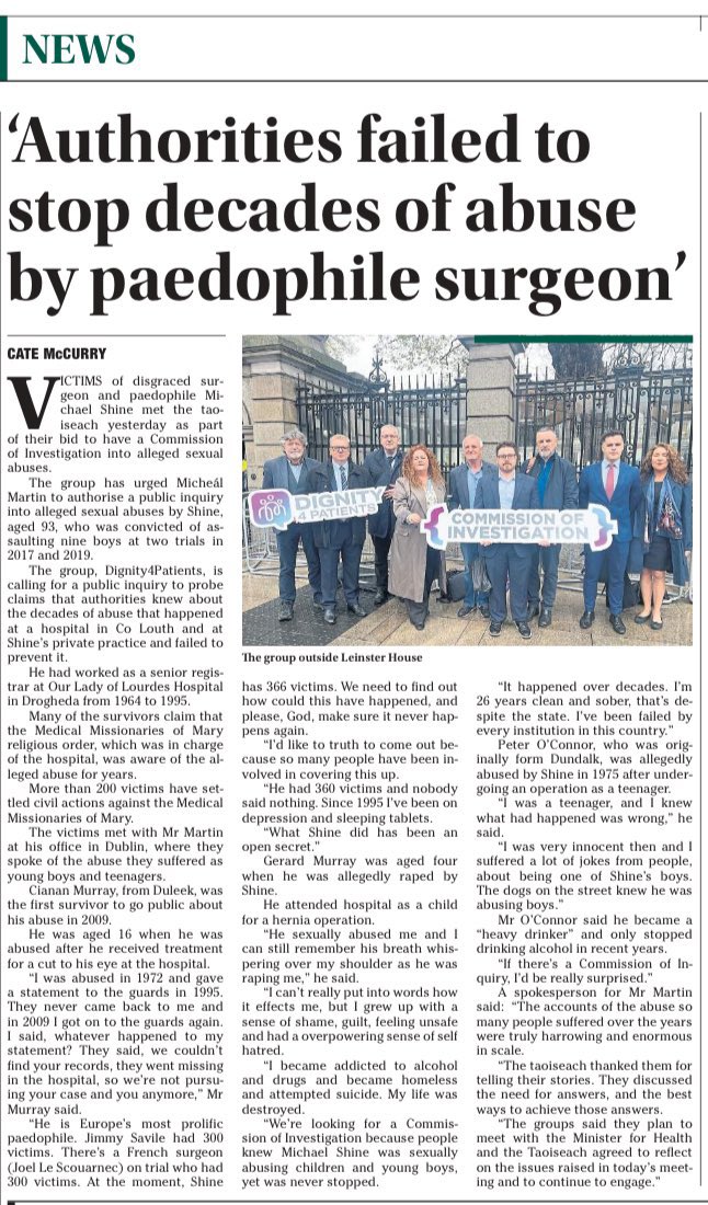 Phoenix Law Belfast (@phoenixlawhr) on Twitter photo ‘Authorities failed to stop decades of abuse by paedophile surgeon’
Victims of Michael Shine meet the Taoiseach seeking a commission of investigation.
Our <a href="/DiarmuidBreck/">Diarmuid Brecknell</a> acts for the victims. ‘Authorities failed to stop decades of abuse by paedophile surgeon’
Victims of Michael Shine meet the Taoiseach seeking a commission of investigation.
Our <a href="/DiarmuidBreck/">Diarmuid Brecknell</a> acts for the victims.