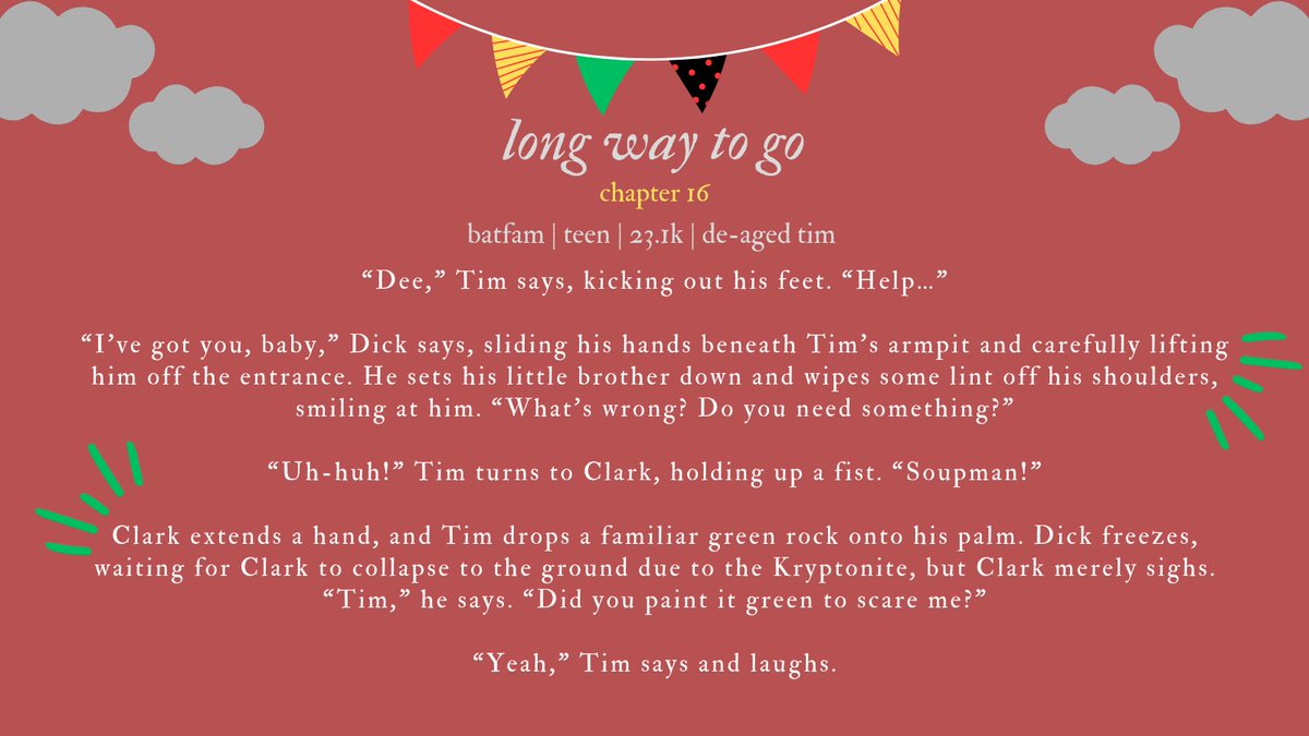 deitybirds's tweet image. long way to go
batfam | teen | 23.1k | de-aged tim | 16/??
Tim gets de-aged to two. Dick... tries his best.
(Tim settles. Dick has a party.)
archiveofourown.org/works/52463794β¦